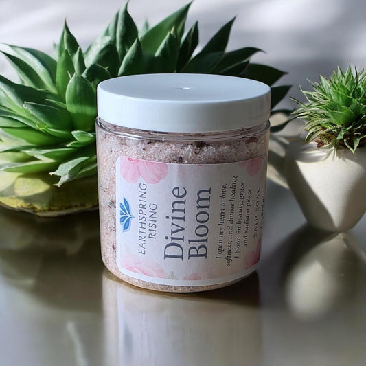 Divine Bloom Bath Soak, Himalayan & Epsom Salt with Rose Petals, Hibiscus, Chamomile, Rose & Geranium Oil | 8oz Self-Love & Emotional Healing Bath Salt