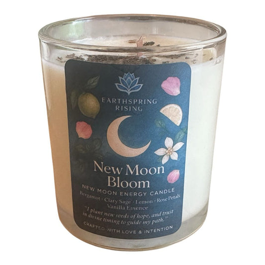 New Moon Bloom Candle , 10oz Wood Wick Soy Candle with Wooden Lid ,Bergamot + Clary Sage + Rose Petals + Lemon + Vanilla , Intention Candle for Manifestation , Renewal