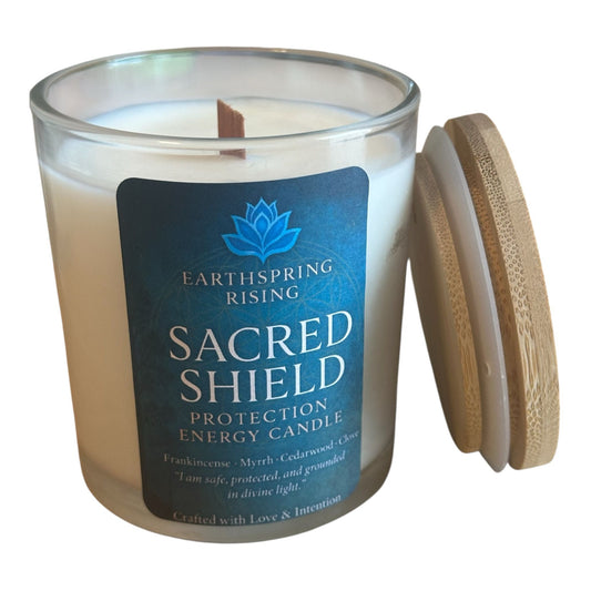 Sacred Shield Candle, 10oz Wood Wick Soy Candle with Wooden Lid ,Frankincense + Myrrh + Cedarwood + Clove , Protection Ritual Candle with Crystals , Grounding ,Energetic Defense