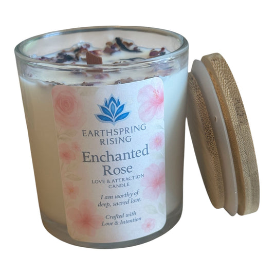 Enchanted Rose Candle, 10oz  Wood Wick Soy Candle with Wooden Lid, Rose Petals + Ylang Ylang + Geranium + Vanilla + Love Spell Oil , Love Ritual Candle for Attraction, Self-Love
