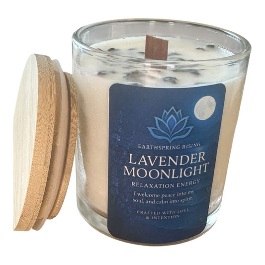 Lavender  Moonlight Candle, 10oz Wood Wick Soy Candle with Wooden Lid ,Lavender + Chamomile + Ylang Ylang + Vanilla + Dried Lavender,Candle for Sleep, Calm & Self-Love